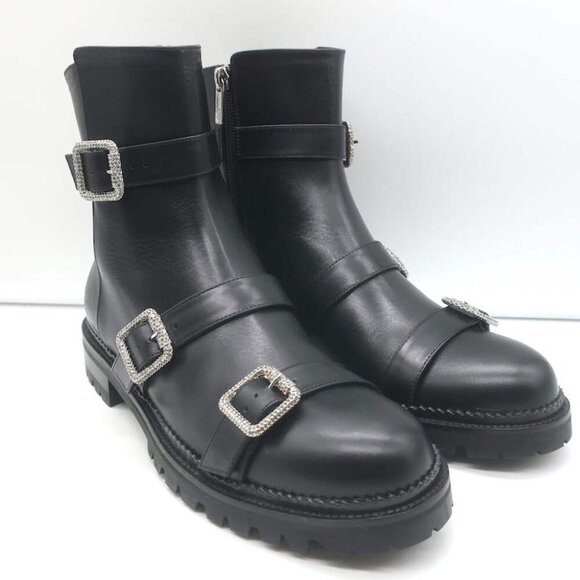 Jimmy Choo Hank Jewel Buckle Flat Ankle Boots Black Leather Size 39 NEW - Picture 3 of 13